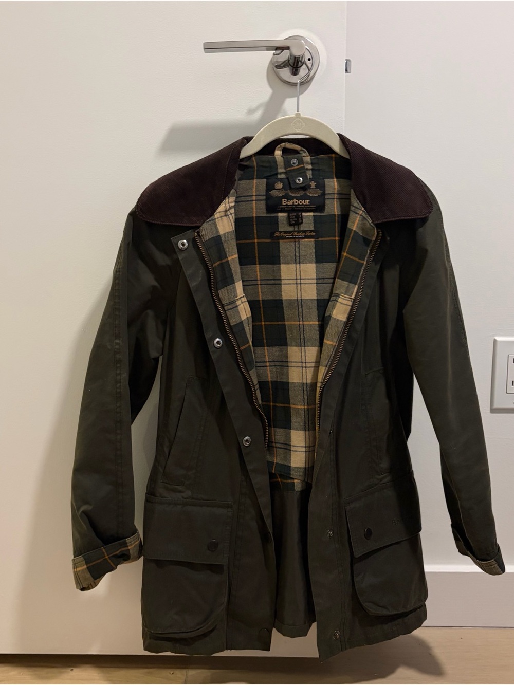 Barbour Dark Olive Field Jacket with Brown Corduroy Collar